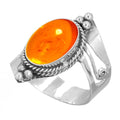 Handmade 925 Sterling Silver Plated Ring Natural Gemstone Carnelian, Rose Quartz, Tiger Eye, Crystal Oval Boho Jewelry For Women - color: Amber