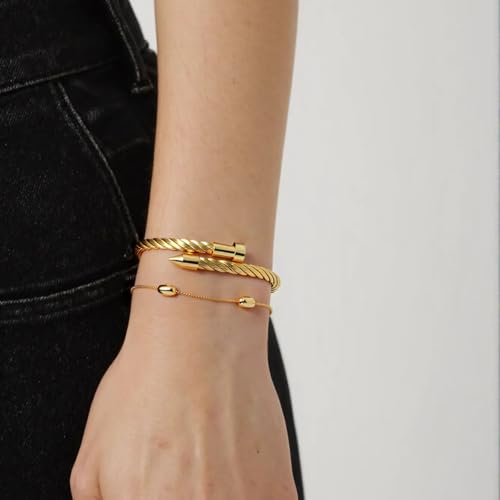 2PCS 18K Gold Plated Nail Bangle & Chain Bracelet Set for Women, Adjustable Stackable Bangle Jewelry, Dainty Gold Bracelet Gift for Women - color: Set E