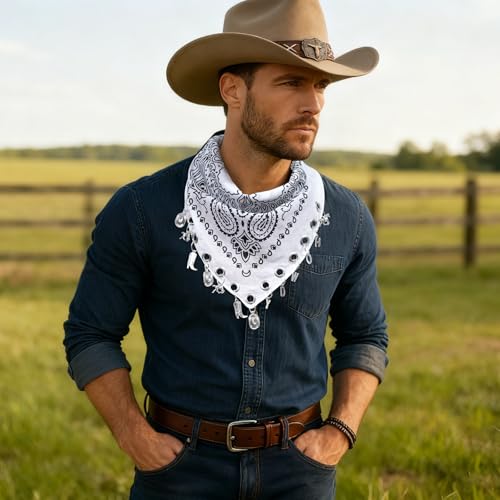 AWAYTR 100% Cotton Bandana for Cowgirl Western Cowboy Costume, 21 Inch Paisley Scarf with Grommet Western Ornaments - color: White