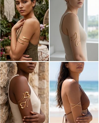 6 Pcs Arm Cuff Jewelry for Women, Minimalist Gold Coil Upper Arm Armband Set Metal Simple Open Armlet for Party - color: Heart