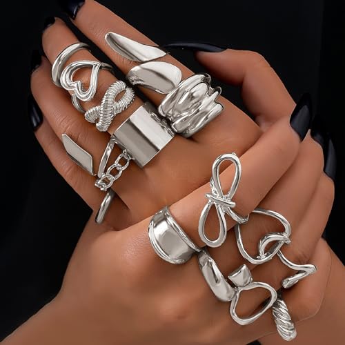 IFKM Gold Chunky Rings Set for Women 14k Gold Plated Thick Dome Stackable Open Rings Trendy Dainty Minimalist Jewelry Gifts - color: Silver, style: Geometric metal wind