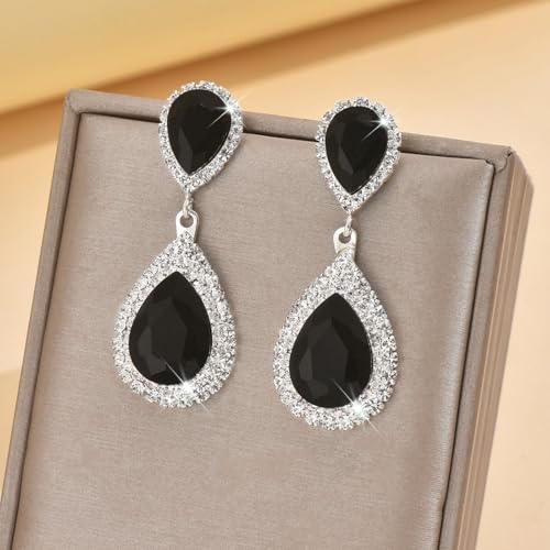 Bridal Statement Earrings for Women, Long Tassel Earrings Sparkling Rhinestones Crystals Earring Exaggerated Wedding Bridal Earrings Elegant Jewelry for Wedding Engagement Party - color: Black