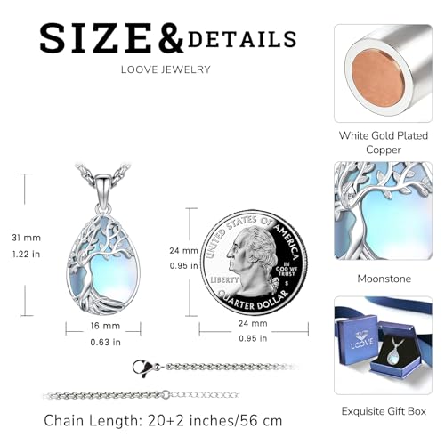 Turquoise/Amethyst/Moonstone/Black Onyx Tree of Life Necklace for Women Hummingbird Necklaces White Gold Plated Copper Jewelry - style: B-Tree of Life -Moonstone