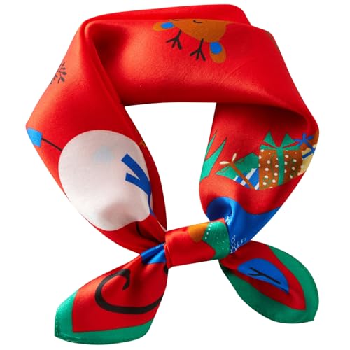 100% Mulberry Silk Neck Scarf 21''x21'' Small Square Hair Scarf for Women Men Lightweight Bandana Envelope Package - color: Snowman Pattern-red