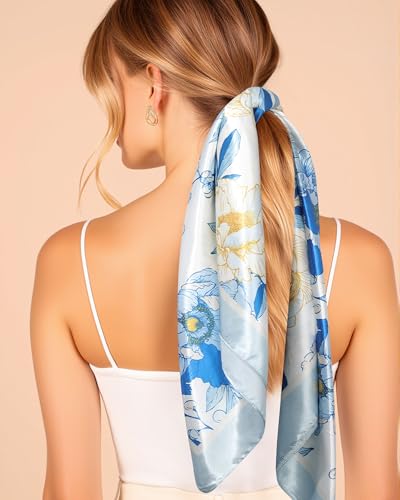 AWAYTR 35” Square Satin Head Scarf Hair Scarf for Women's Hair Silk Bandana for Women Silk Head Wrap for Sleeping - color: Flower (Light Blue)