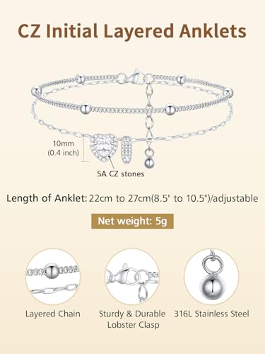 FindChic Silver/14K Gold Plated Layered CZ Initial Ankle Bracelet for Women | Waterproof Stainless Steel, Cubic Zirconia Letter Charm, Non-Tarnish, Hypoallergenic, Adjustable Extender, Summer Jewelry - color: Silver-CZ Heart, size: I
