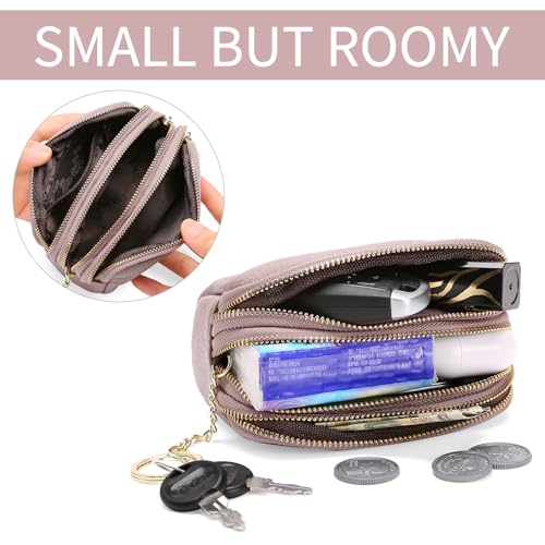 SENDEFN Small Coin Purse Leather 3 Zippered Change Pouch Wallet with Key Ring for Women - color: 1-Pink