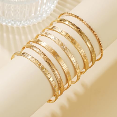 Gold Bangles for Women, 12 Pcs Boho Stackable Bracelets Multi Layer Textured Chunky Bracelets Jewelry Set for Women - color: 7 pcs gold bangles