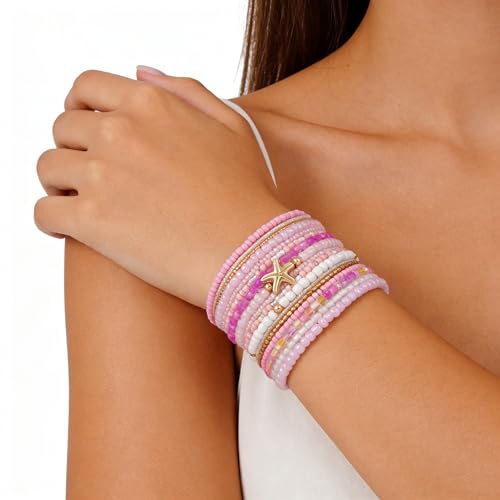 Shell Bracelet Seashell Boho Beaded Stretch Bracelets for Women Summer Beach Bracelets Starfish Charm Bracelet Stackable Gold Plated Bracelets Set for Women - color: g-pink