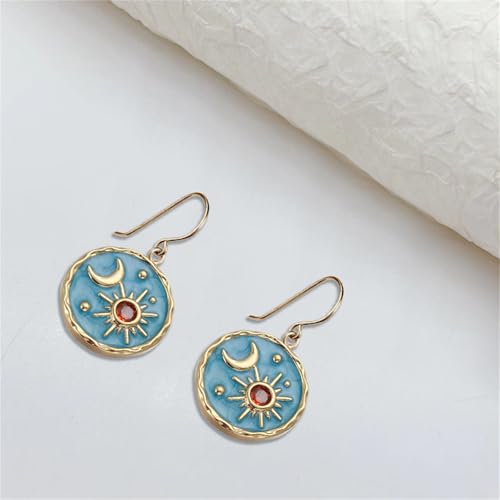 MALOYANVE Vintage Sun and Moon Drop Dangle Earrings for Women Unique lightweight Handmade Retro Boho Antiqued Gold Silver Round Coin Earrings for Women Jewelry - color: Gold Blue Earrings