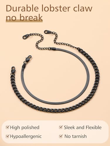 FindChic Black/Silver/Gold Plated Anklets Set of 2PCS/3PCS Herringbone Chain Cuban Link Heart Charm Sparkling Tennis Ankle Bracelets, Waterproof Summer Foot Jewelry for Beach - color: 03. Black-2PCS Cuban & Herringbone