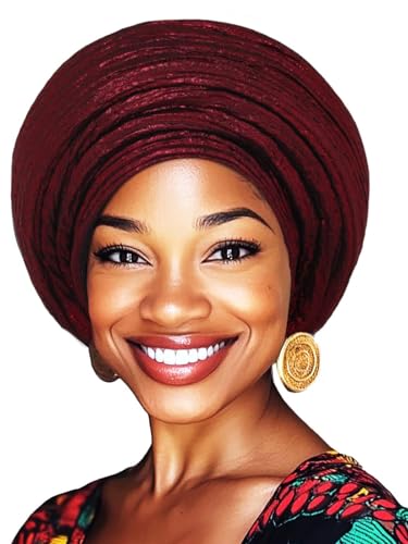 Woeoe African Head Wraps for Black Women Gold Pre Tied Headdress Wedding Turban Hats - color: Burgundy