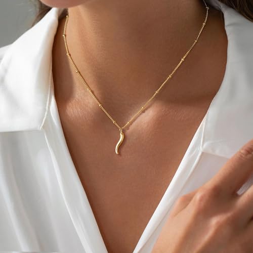 M MOOHAM Gold Necklace for Women Non Tarnish - Dainty 14K Gold Plated Beaded Chain Small Pendant Necklaces Simple Pearl Circle Beads Teardrop Pendant Necklace for Women Trendy Jewelry Gifts - color: Italian Horn Pendant