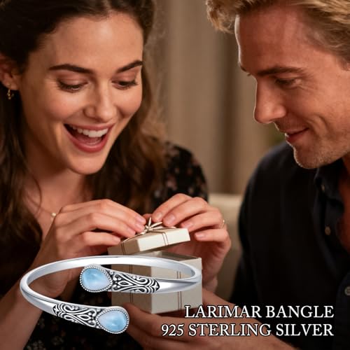 925 Sterling Silver Genuine Gemstone Bracelet for Women Men Handmade Adjustable Boho Navajo Style Bangle Cuff Natural Stone Jewelry Gift - color: Larimar