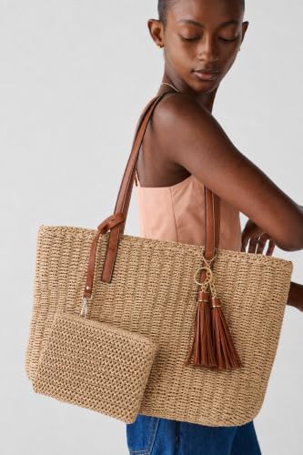 YXILEE Straw Bags For Women | M Size Travel Straw Totes Bag Woven Summer Handmade Shoulder Bag Handbag - color: Brown