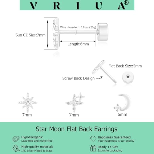 VRIUA 20G Tiny Flat Back Earrings for Women - 14K Gold/Silver Plated Small Flat Back Stud Earrings Hypoallergenic Cartilage Helix Piercing Jewelry - color: 4/5/6mm-Star Moon Flat Silver