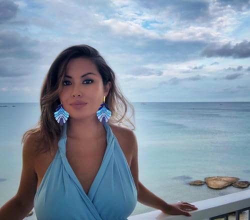 ARATLENCH Acrylic Pendant necklace Earrings – Long Statement Leaf Charm Necklace Tortoise Resin Palm Leaf Earrings Fashion Necklaces Earrings for Women - color: blue A