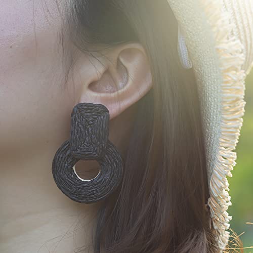 Statement Raffia Earrings Cute Boho Earrings Rattan Dangle Earrings Handmade Straw Wrap Earrings Summer Drop Dangling Earrings for Women Teen Girls - color: Black2