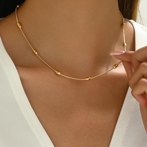 NONAMOIS Gold Chain Necklace for Women Dainty 18K Gold Plated Thin Satellite Beaded Turquoise Necklace Simple Layered Boho Jewelry Christmas Gifts - color: Snake Beads-Gold