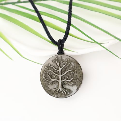 Obsidian Tree of Life Necklaces Orgonite Healing Crystal Stone Pendant Necklace for Spiritual Healing and Meditation Energy Talisman Sacred for Men Women - color: Gold Sheen Obsidian