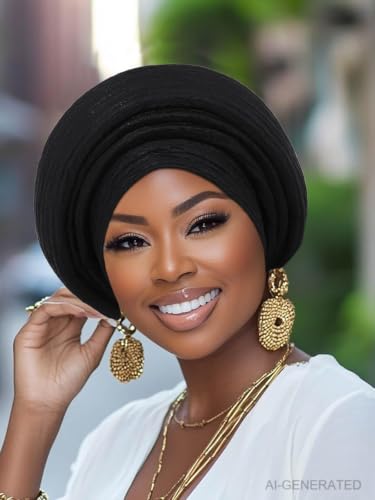 Woeoe African Head Wraps for Black Women Gold Pre Tied Headdress Wedding Turban Hats - color: Black
