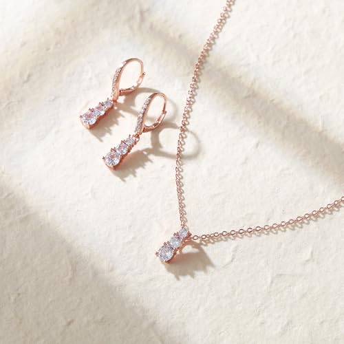 Crysdue Cubic Zirconia Jewelry Set for Women Bridesmaid, Classic Round Cut Drop Lightweight Lever Back Earrings Pendant Necklace Tennis Bracelet for Wedding Prom Party - style: 2pcs Rose Gold