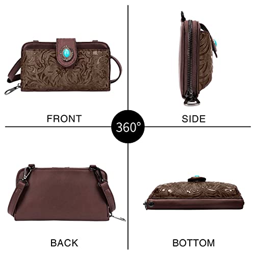 LAVAWA Women's Crossbody Handbag Small Vintage, Ladies Wallet Western Adjustable Phone Purse Clutch Turquoise Concho Embossed - color: Coffee