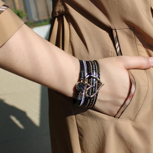 Womens Multi Layer Heart Leather Wrap Bracelet Boho Stackable Cuff Bangle Magnetic Clasp Crystal Birthday Valentine Gift - color: Black