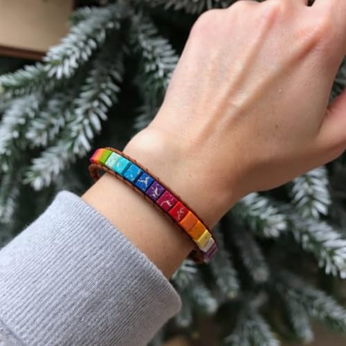 YGLINE Boho Handmade Wrap Leather Tube Crystal Stone Bracelet for Women - color: Chakra Cube 2
