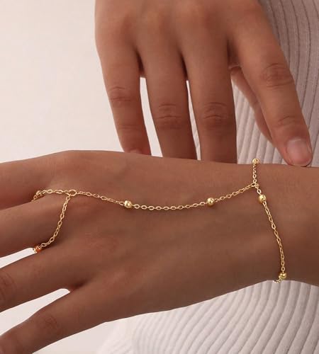 YEEZII Gold Hand Chain Bracelets for Women, 2 Pcs 14k Gold Plated Cubic Zirconia Link Chain Bracelet Set, Trendy ring bracelet hand chain Jewelry for Her - color: Gold-G