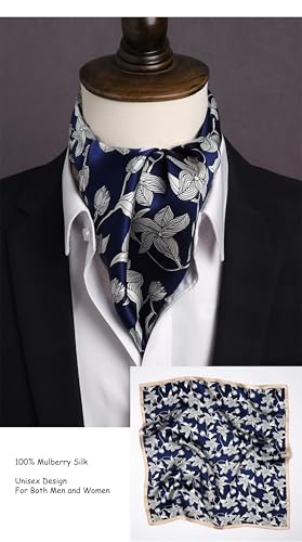 ANDANTINO 100% Mulberry Silk Scarf -21” Square Neckerchief with Gift Packed - color: Leaves-navy Blue