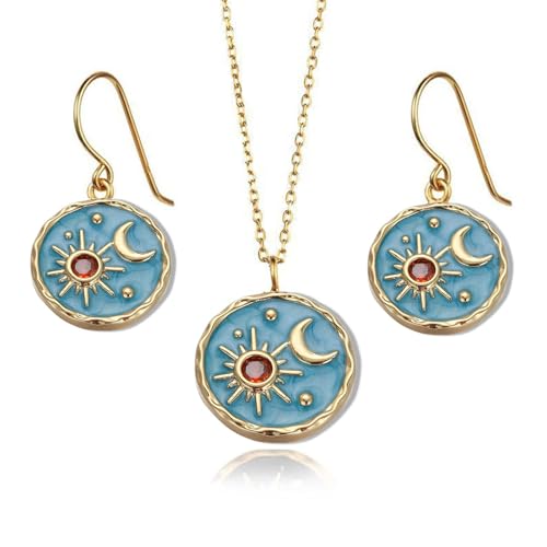 MALOYANVE Vintage Sun and Moon Drop Dangle Earrings for Women Unique lightweight Handmade Retro Boho Antiqued Gold Silver Round Coin Earrings for Women Jewelry - color: Gold Blue Earrings and Necklace
