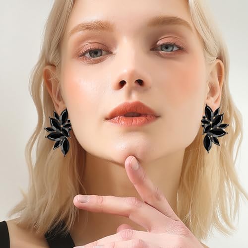 Bohemian Statement Sparkly Colourful Fancy Rhinestone Crystal Flower Dangle Drop Stud Earrings Vintage Wedding Bridal Prom Earrings for Women - color: Black