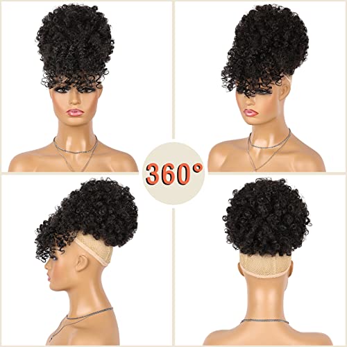 Drawstring Ponytail with Bangs Afro Puff for Black Women | Short Kinky Curly Puff, Curly Clip in Wrap, Updo Hairpiece, Hair Extensions - color: 2###