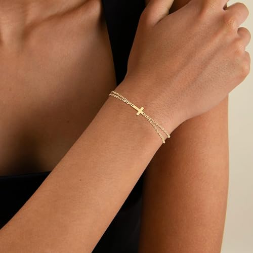 NECOCY Mothers Day Gifts Cross Bracelet for Women, Dainty 14K Gold/Silver Plated Pearl Cross Chain Bracelet Religious Christian Baptism Jesus Catholic Bracelet Jewelry Gift for Mom Wife Daughter - style: Style-5