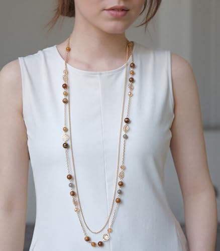 FULU AUTUMN Boho Gold Long Necklaces for Women Natural Stone Beaded Layered Long Necklace Mothers Day Gifts Dainty Flower Costume Jewelry for Women - color: Brown