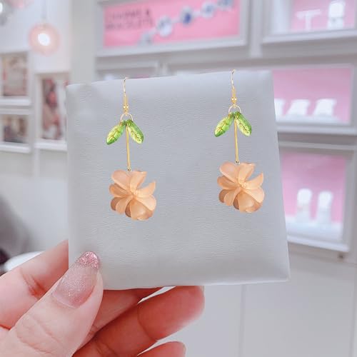 Resin Flower Cluster Ball Dangle Drop Earrings for Women Spring Summer Bohemian Floral Petal with Green Leaf Earrings Vacation Party Jewelry - color: Light Orange