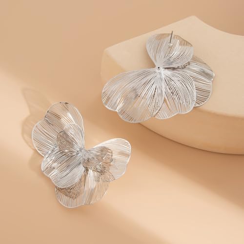 Gold Large Flower Dangle Earrings for Women Vintage Big Ginkgo Leaf Statement Silver Earring Trendy Oversized Floral Punk Jewelry Hip Hop Accessories - color: Silver
