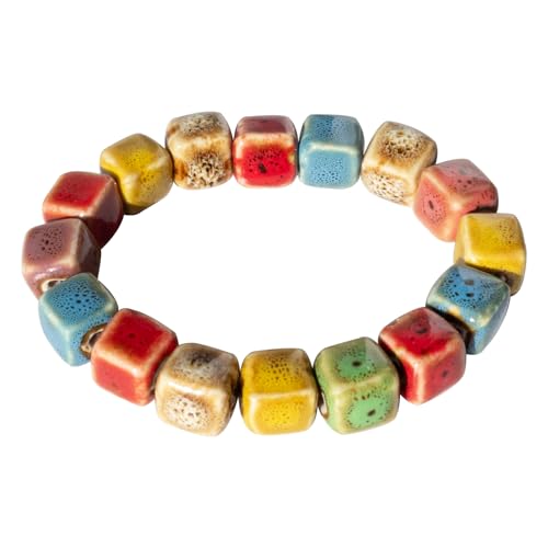 Handmade Multi-Color Faceted Ceramic Beads Bracelet for Women, Boho Stretch Bracelet with Oval Colorful Glazed Beads, Adjustable Bohemian Jewelry Gift for Mom Wife - color: Colorful (1cm Cube)