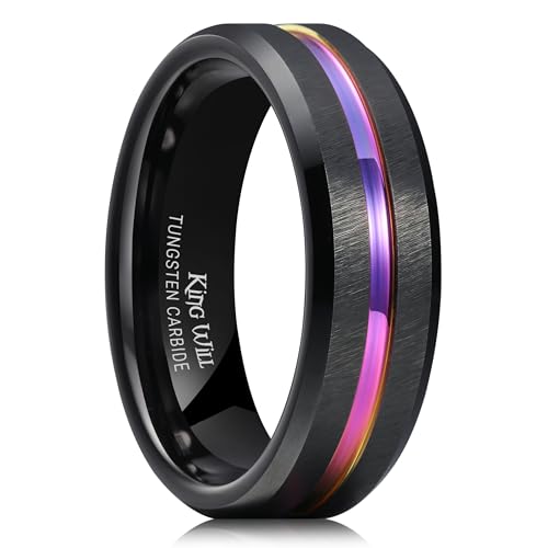 King Will Mens Tungsten Rings for Men Two Tone Grooved Mens Wedding Band Cool - color: Rainbow 7mm