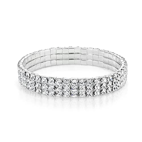 Zealmer Sparkle Multicolor Rhinestone Stackable Stretch Bracelets for Women - color: 3 Row Silver Bracelet