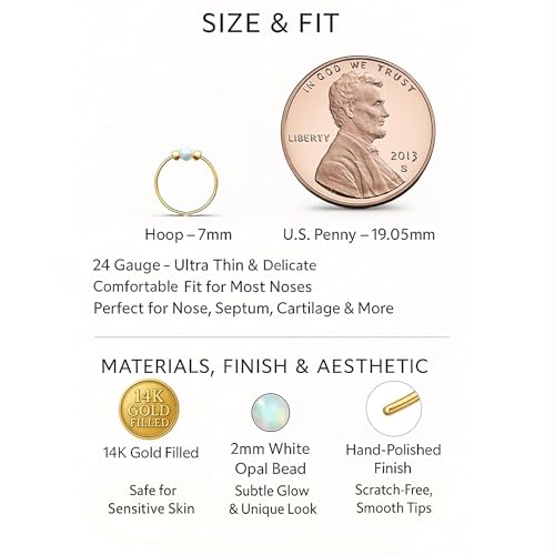 925 Sterling Silver & 14K Gold Filled Nose Ring Hoop Handmade Piercing Jewelry For Women - 24 Gauge 2mm,7mm Tiny Nose Ring with Opal - Gift Ready - color: White Opal Gold