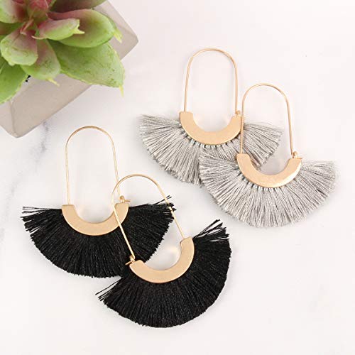 Bohemian Silky Thread Tassel Strand Fringe Statement Hoop Earrings - Lightweight Semi Circle Fan Threader, Mermaid Hoops - color: Fan Tassel Threader - Gray