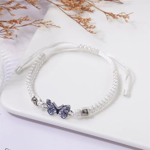 Butterfly Bracelets for Women Colorful Charm Woven Adjustable Strings Butterfly Bracelets Cute Handmade Boho Adjustable Braided Rope for Couple Women Friendship BFF Party Family Jewelry - color: white