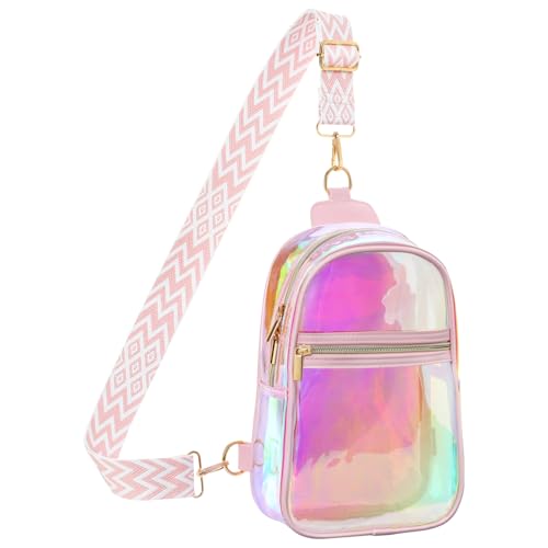 PACKISM Clear Sling Bag Stadium Approved - Clear Bag for Stadium Events & Holographic Bag for Music Festivals Jacquard Strap - color: Pink
