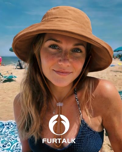 FURTALK Sun Hats for Women Wide Brim Ponytail Beach Sun Protection Hat with Fold-Up Brim Bucket Hat - color: Brown