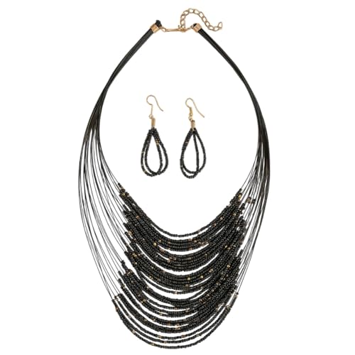 Bohemian Colorful Beaded Earrings Necklace Geometric Teardrop Dangle Earrings Multi-layered Stackable Choker Necklaces Boho Seed Bead Chain Statement Beach Party Accessories - color: Black A