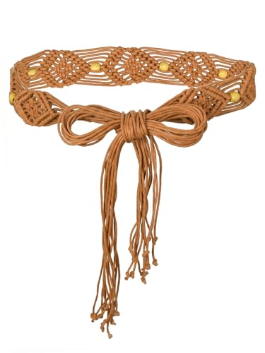 TeeYee Women's Waist Belt Adjustable Boho Style Handwoven Bohemia Tassel Rope Tie with Wooden Beads Braided Chain for Dress - color: 283tan