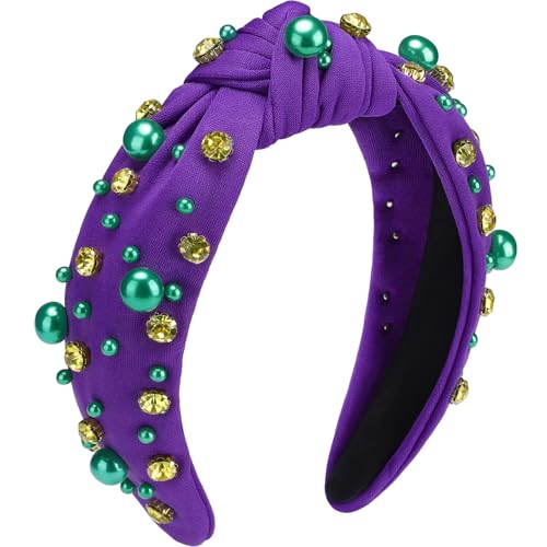 WantGor Pearl Knotted Headband, Women Rhinestone Embellished Hairband Elegant Wide Top Knot Bride Headbands Headpieces Party Fashion Elegant Ladies Hair Band Hair Hoop Accessories (Dark Purple) - color: Dark Purple