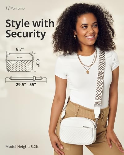 Vantamo Premium Quilted Crossbody Bags for Women with Anti-Pickpocket Clip, Vegan Leather Handbags, Travel Purses for Women - color: Shoulder Bag Snow Jacquard Strap